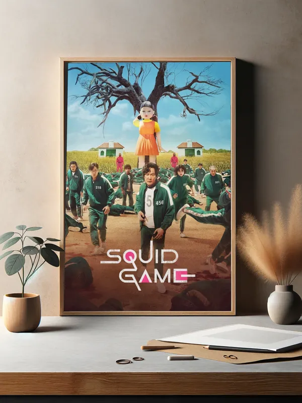 Постер «Постер Игра в кальмара — кукла Ёнхи и игроки на поле» на стене в офисе