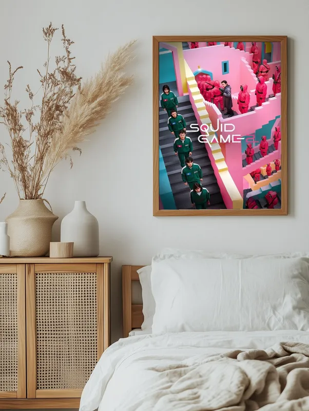 Постер «Постер Игра в кальмара — лестницы с охранниками и игроками» над диваном в гостиной