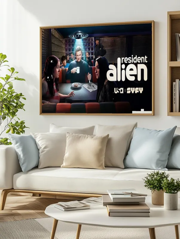Постер «Постер Засланец из космоса — Сцена в закусочной, 4 сезон» над диваном в гостиной