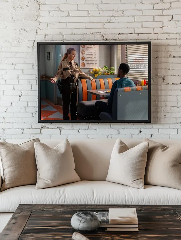 Постер «Постер Засланец из космоса — Шериф Бейкер в закусочной» над диваном в гостиной