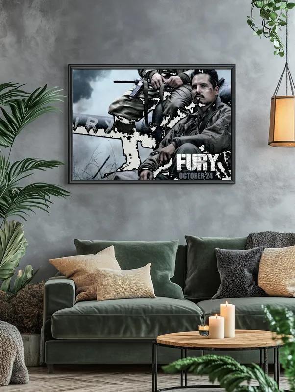 Постер «Постер Ярость — Горзо (Майкл Пенья), водитель танка» над диваном в гостиной