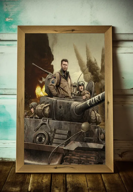Постер «Постер Ярость — иллюстрированный арт, танк в огне» на стене в офисе