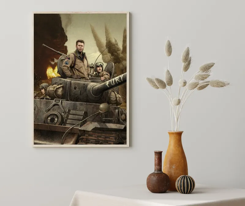 Постер «Постер Ярость — иллюстрированный арт, танк в огне» над диваном в гостиной