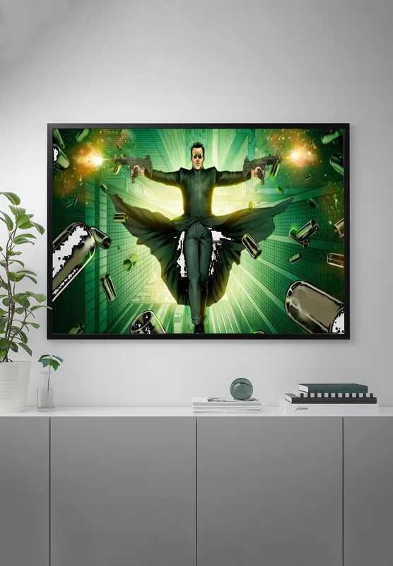 Постер «Постер Матрица — Нео в бою с оружием» на стене в офисе