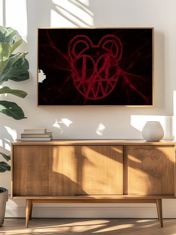 Постер «Постер Radiohead — неоновый медведь в красном свете» на стене в офисе