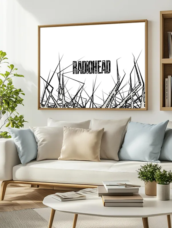 Постер «Постер Radiohead — минималистичный арт с линиями» над диваном в гостиной