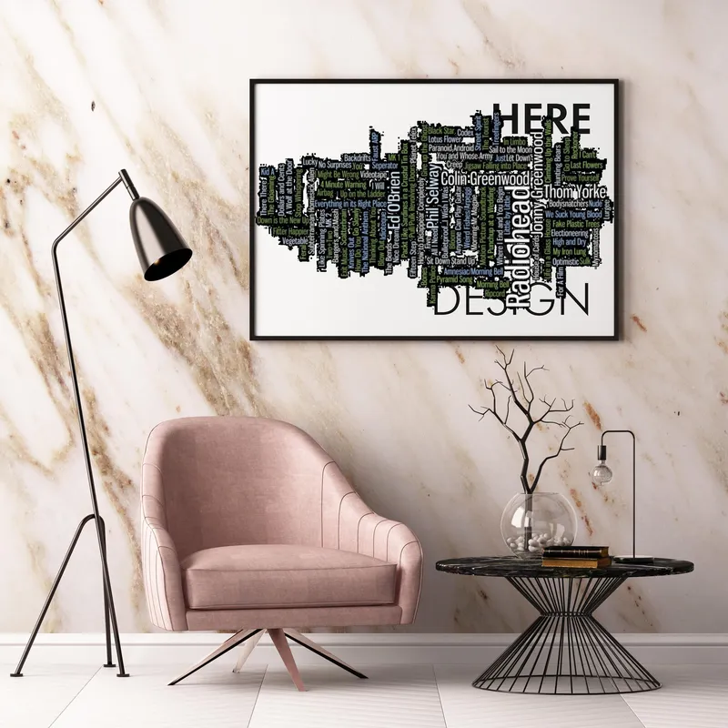Постер «Постер Radiohead — облако слов из песен и участников» на стене в офисе