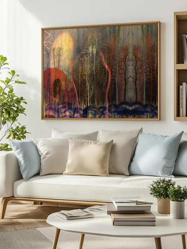 Постер «Постер Radiohead — мистический лес и огненные деревья» на стене в офисе