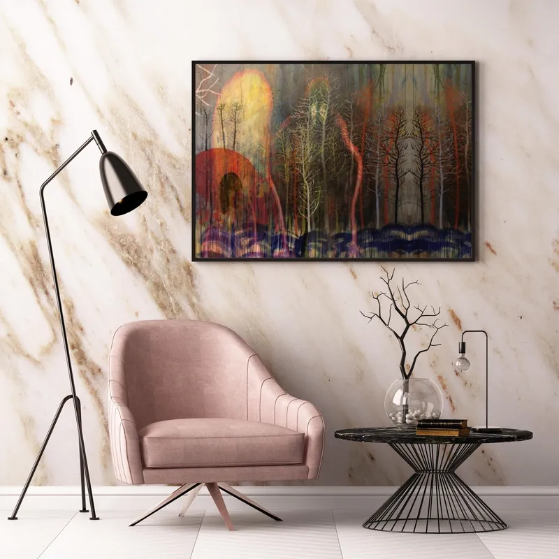 Постер «Постер Radiohead — мистический лес и огненные деревья» над диваном в гостиной