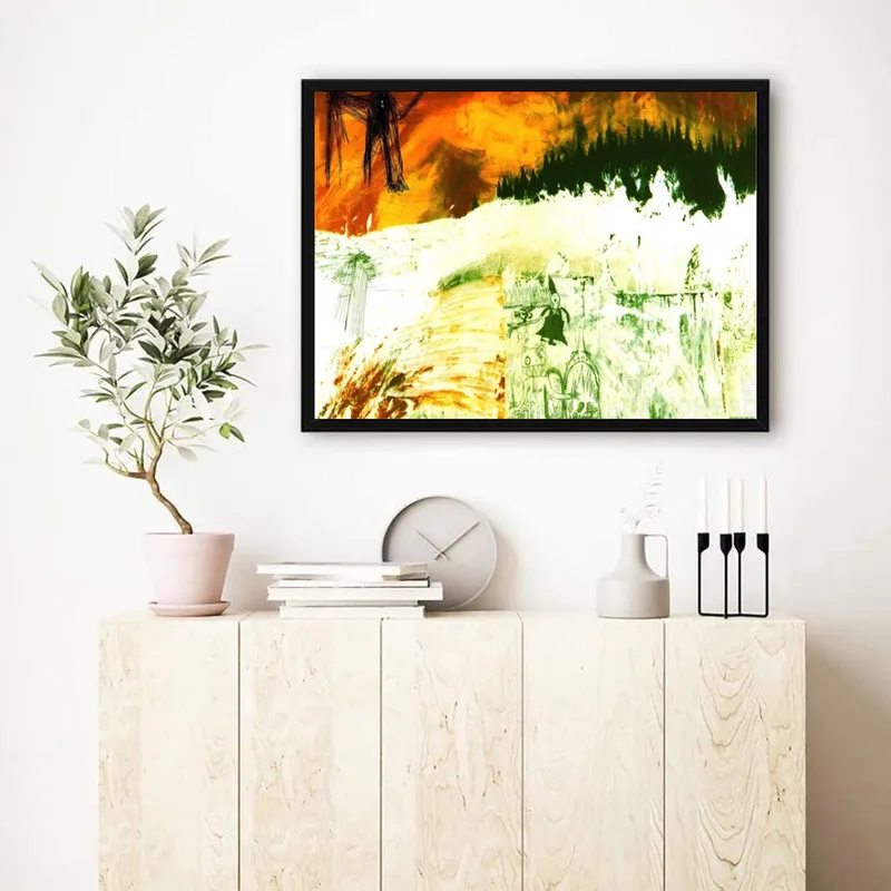 Постер «Постер Radiohead — огненный пейзаж Kid A Mnesia» над диваном в гостиной