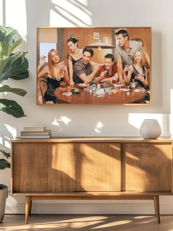 Постер «Постер Друзья — вечер покера» над диваном в гостиной