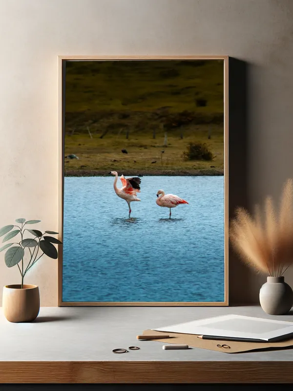Постер «Постер Чилийские фламинго — розовые птицы солончаков Атакамы» над диваном в гостиной