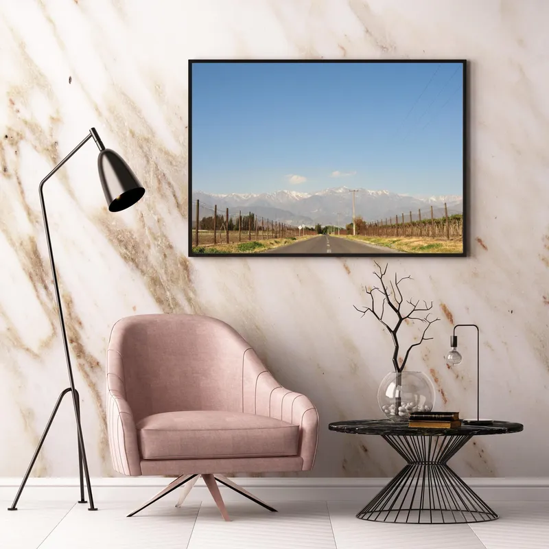 Постер «Постер Дорога к подножью Анд — виноградники Чили» на стене в офисе