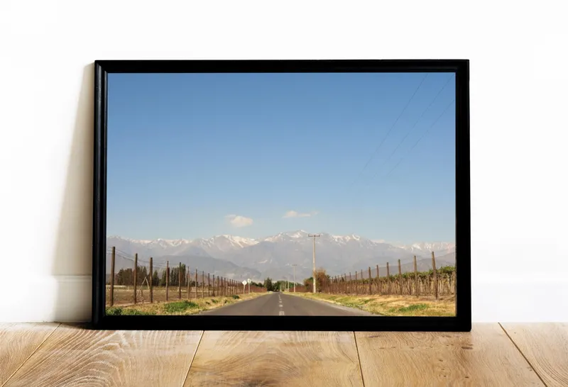 Постер «Постер Дорога к подножью Анд — виноградники Чили» над диваном в гостиной