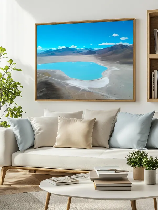 Постер «Постер Лагуна в пустыне Атакама — бирюзовое чудо Чили» над диваном в гостиной
