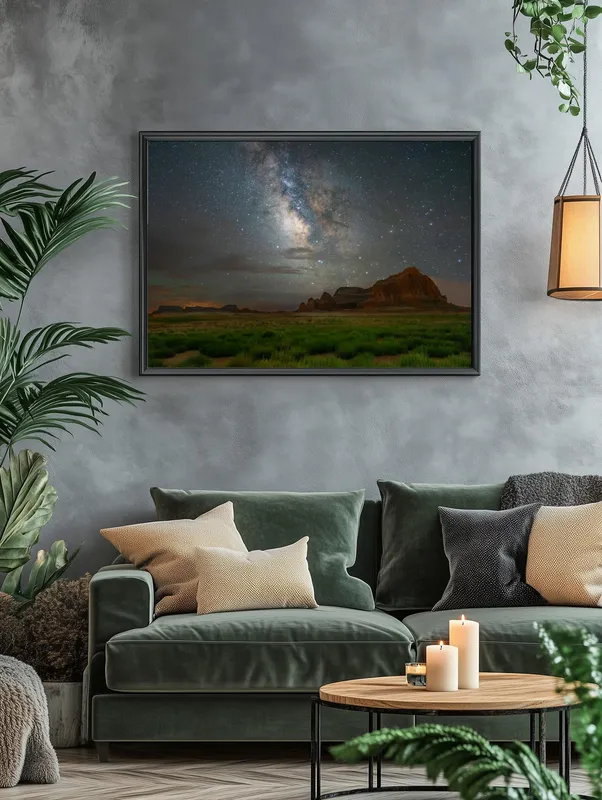 Постер «Постер Млечный путь над Чили — астрономическая столица мира» над диваном в гостиной