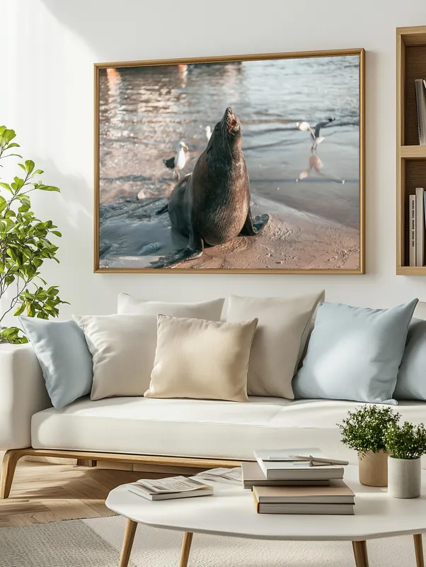 Постер «Постер Морской лев на побережье Чили — хозяин берега» над диваном в гостиной