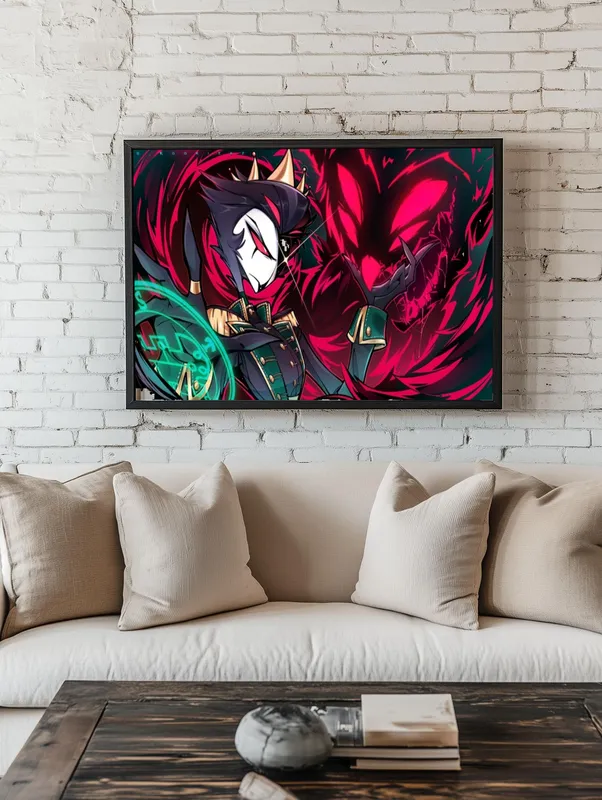 Постер «Постер Адский Босс — Столас в боевой форме» над диваном в гостиной