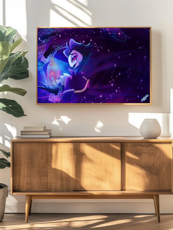 Постер «Постер Адский Босс — Столас среди звёзд» над диваном в гостиной