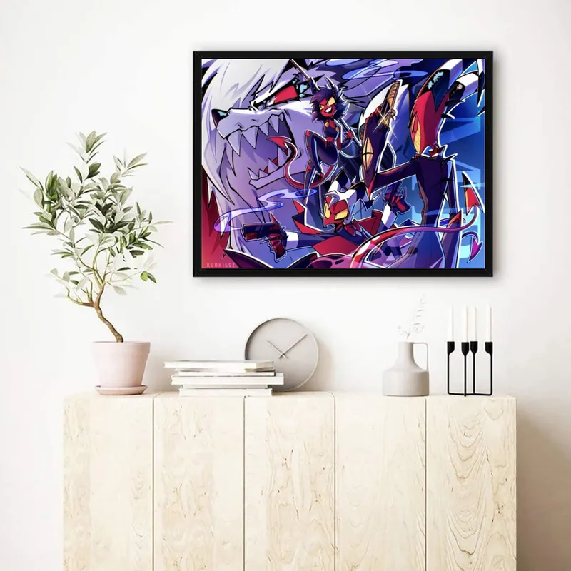 Постер «Постер Адский Босс — Блитцо в бою» над диваном в гостиной