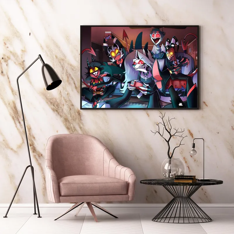 Постер «Постер Адский Босс — все персонажи вместе» над диваном в гостиной