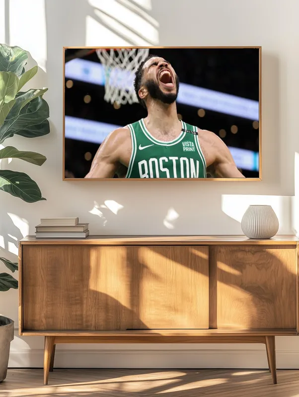 Постер «Постер Джейсон Тейтум — эмоции победы Boston Celtics» на стене в офисе