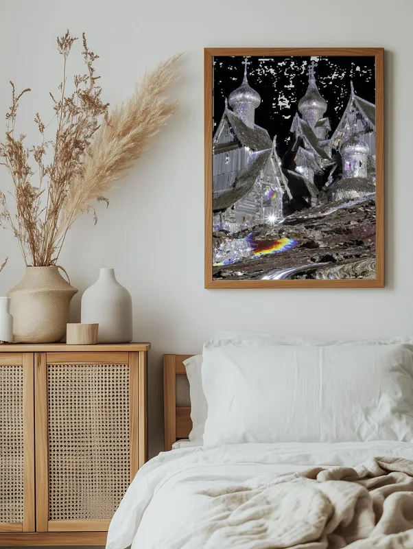 Постер «Сияющий храм в волшебном мире» на стене в офисе