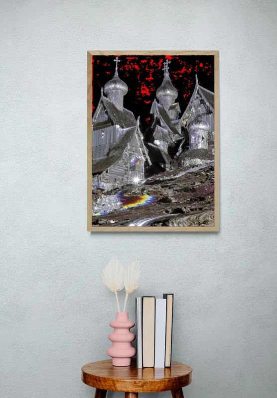 Постер «Сияющий храм в волшебном мире» над диваном в гостиной