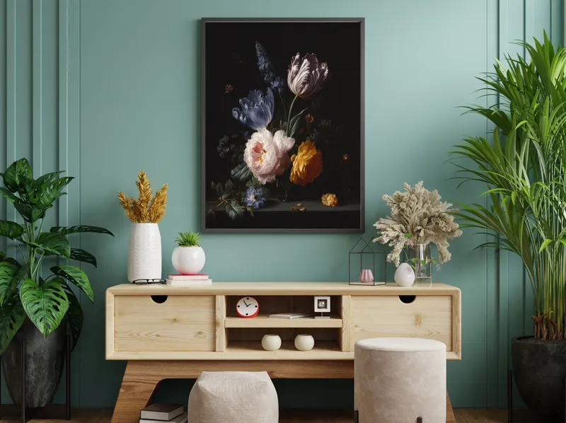 Постер «Элегантный букет цветов на черном фоне» на стене в офисе