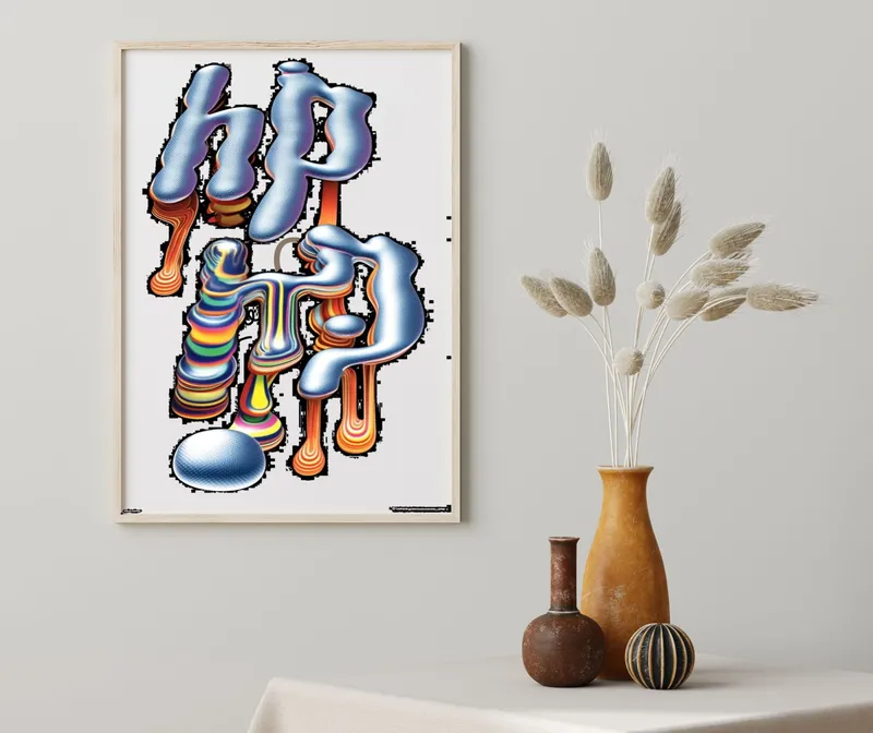 Постер «Абстрактный постер с яркими каплями цвета» над диваном в гостиной