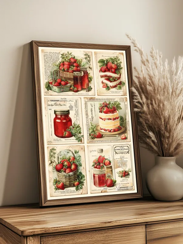 Постер «Винтажные клубники и варенье — уютный постер» над диваном в гостиной