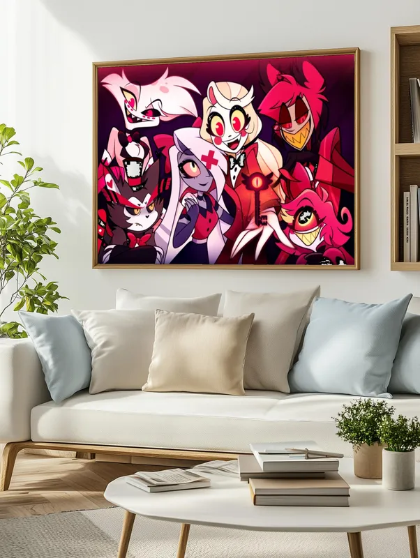 Постер «Постер Отель Хазбин — все персонажи» над диваном в гостиной