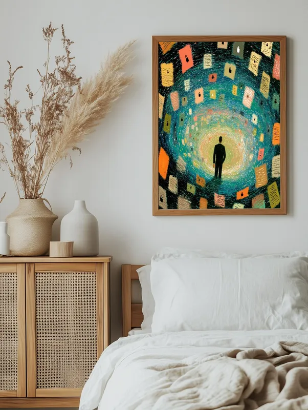 Постер «Человек в мире информации и секретов» над диваном в гостиной