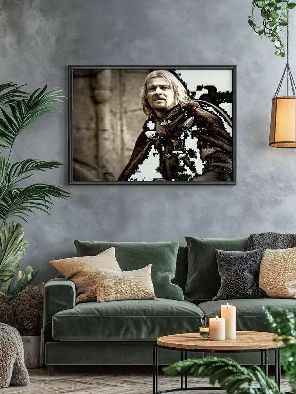 Постер «Постер Властелин колец — Боромир, последний бой» над диваном в гостиной