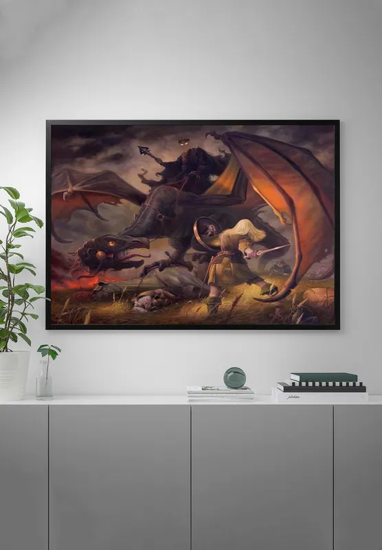 Постер «Постер Властелин колец — Эовин против Короля-Чародея» над диваном в гостиной