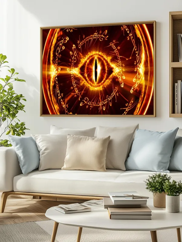 Постер «Постер Властелин колец — Око Саурона и Кольцо Всевластья» над диваном в гостиной