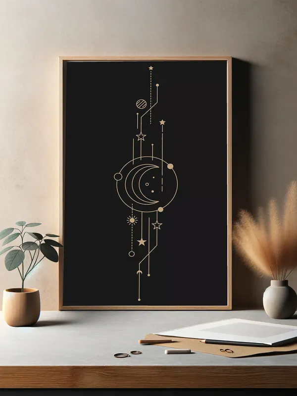 Постер «Планеты - Мистический полумесяц» над диваном в гостиной
