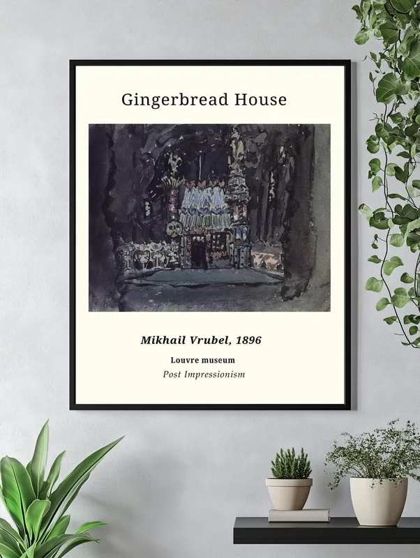 Постер «Михаил Врубель - Пряничный домик» над диваном в гостиной
