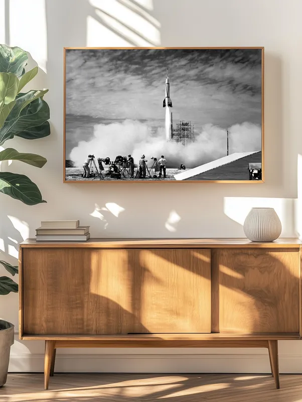 Постер «Запуск ракеты» над диваном в гостиной