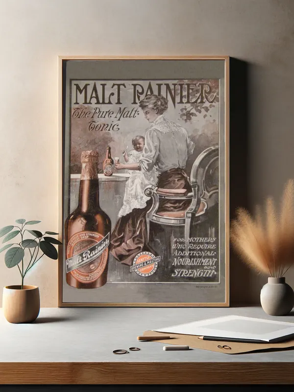 Постер «Рекламный плакат - Пиво Malt Rainier Beer» над диваном в гостиной