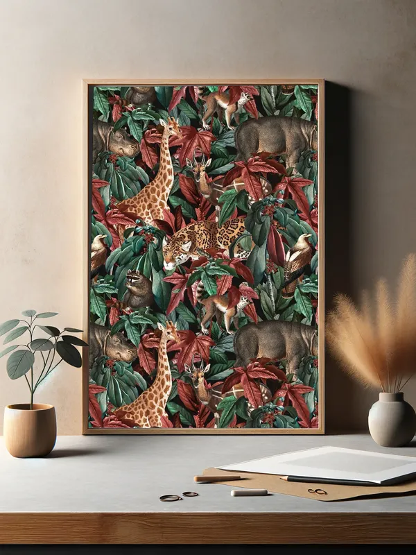 Постер «Джунгли - Дикие животные» над диваном в гостиной