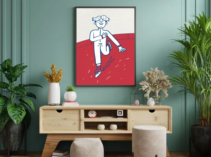 Постер «На коньках» над диваном в гостиной