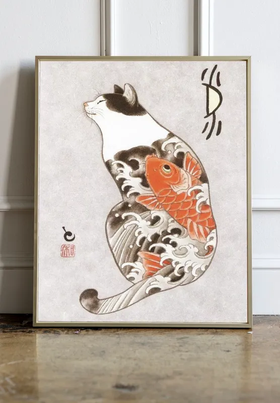 Постер «Кот и золотая рыбка» на стене в офисе