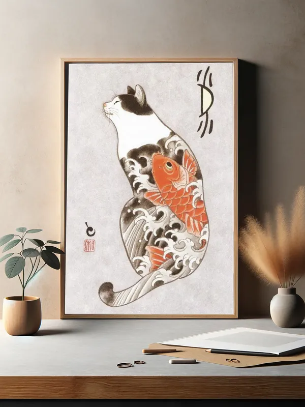 Постер «Кот и золотая рыбка» над диваном в гостиной