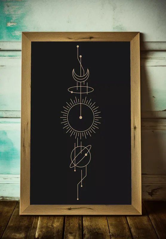 Постер «Планеты - Небесные часы» над диваном в гостиной