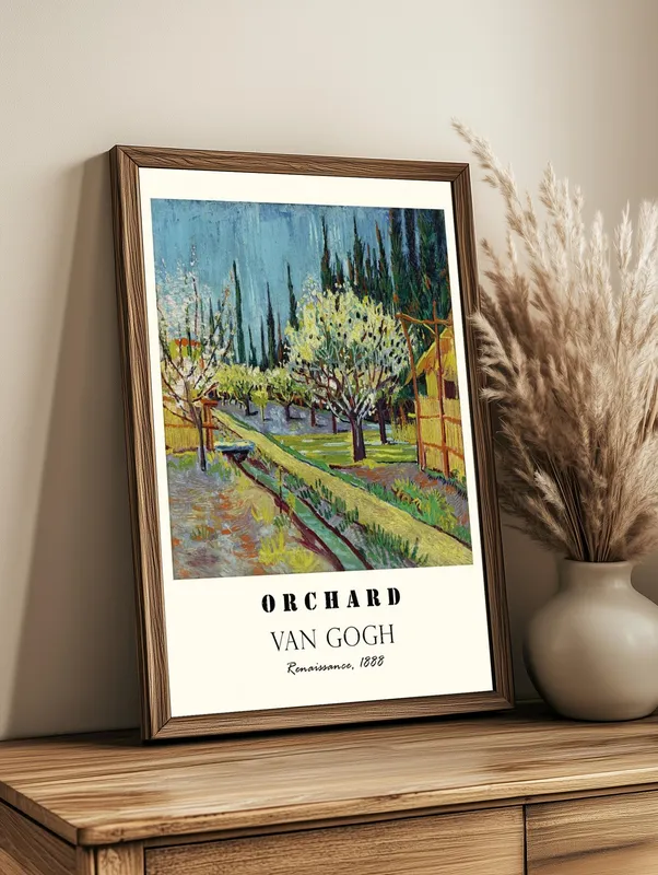 Постер «Ван Гог - Фруктовый сад» над диваном в гостиной