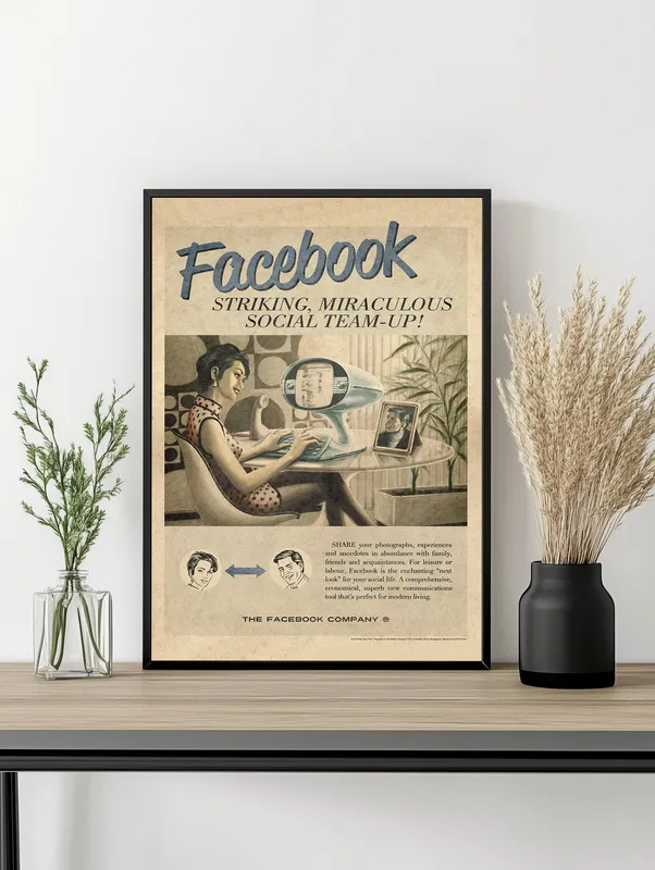 Постер «Ретро реклама фейсбук» на стене в офисе