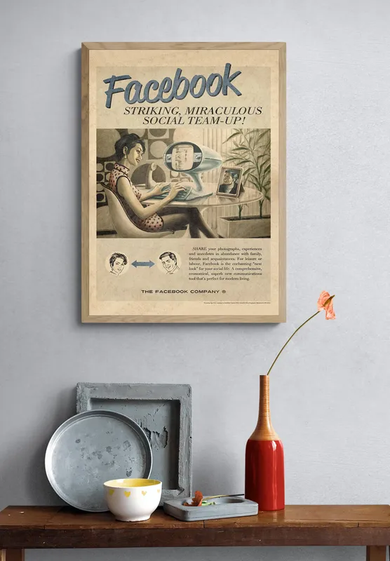 Постер «Ретро реклама фейсбук» над диваном в гостиной