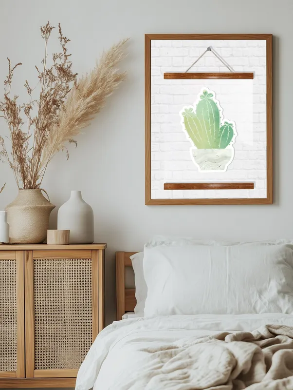 Постер «Прозрачный постер - Красивый лист папоротника» над диваном в гостиной