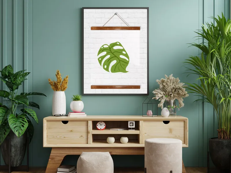 Постер «Прозрачный постер - Большой зеленый лист» на стене в офисе